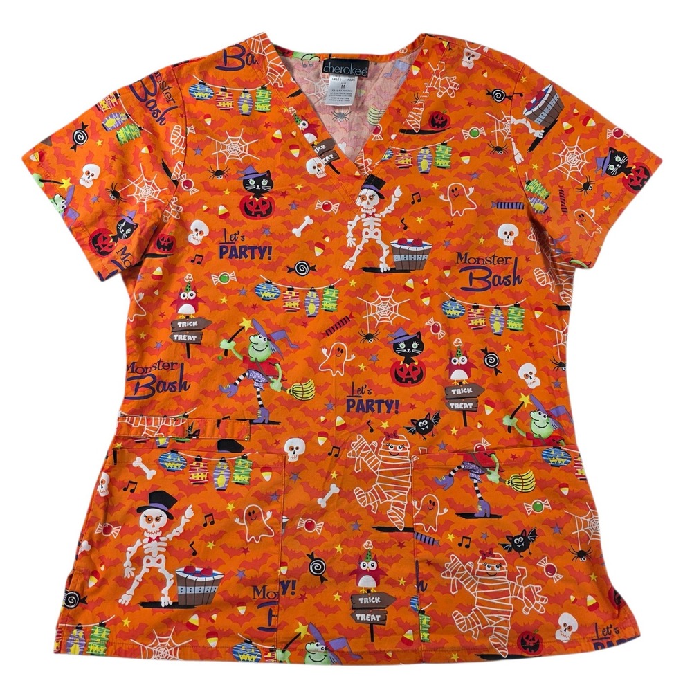 Cherokee Monster Bash Halloween Print Scrub Top Orange Medium Womens V-Neck